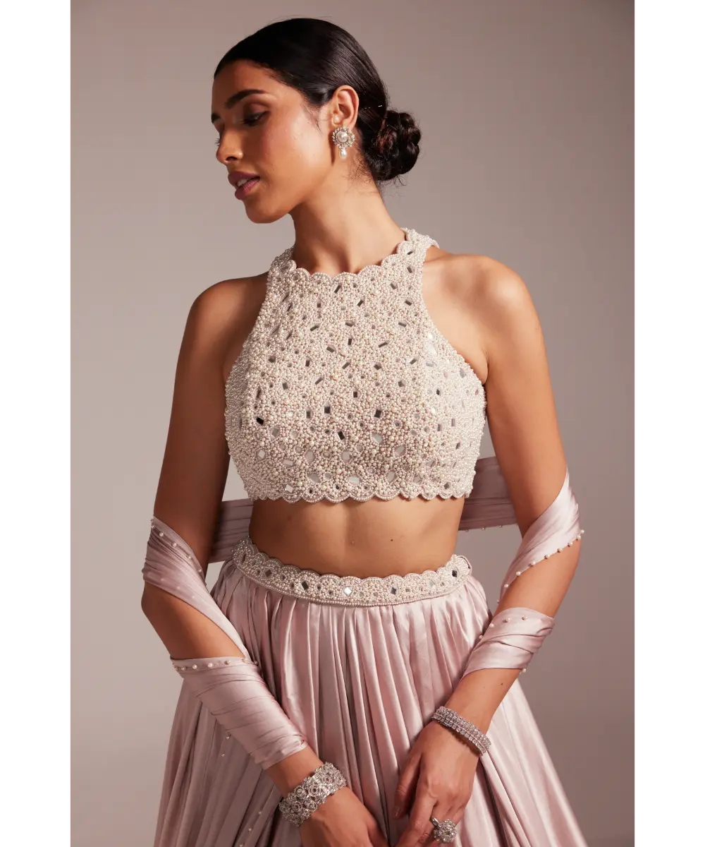 VVANI VATS- Ash Pink Satin skirt Set
